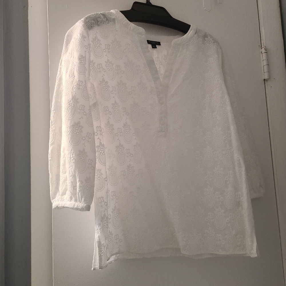 Talbots Embroidered Pineapple eyelet 3/4 Sleeve White Cotton Blouse Size M P
